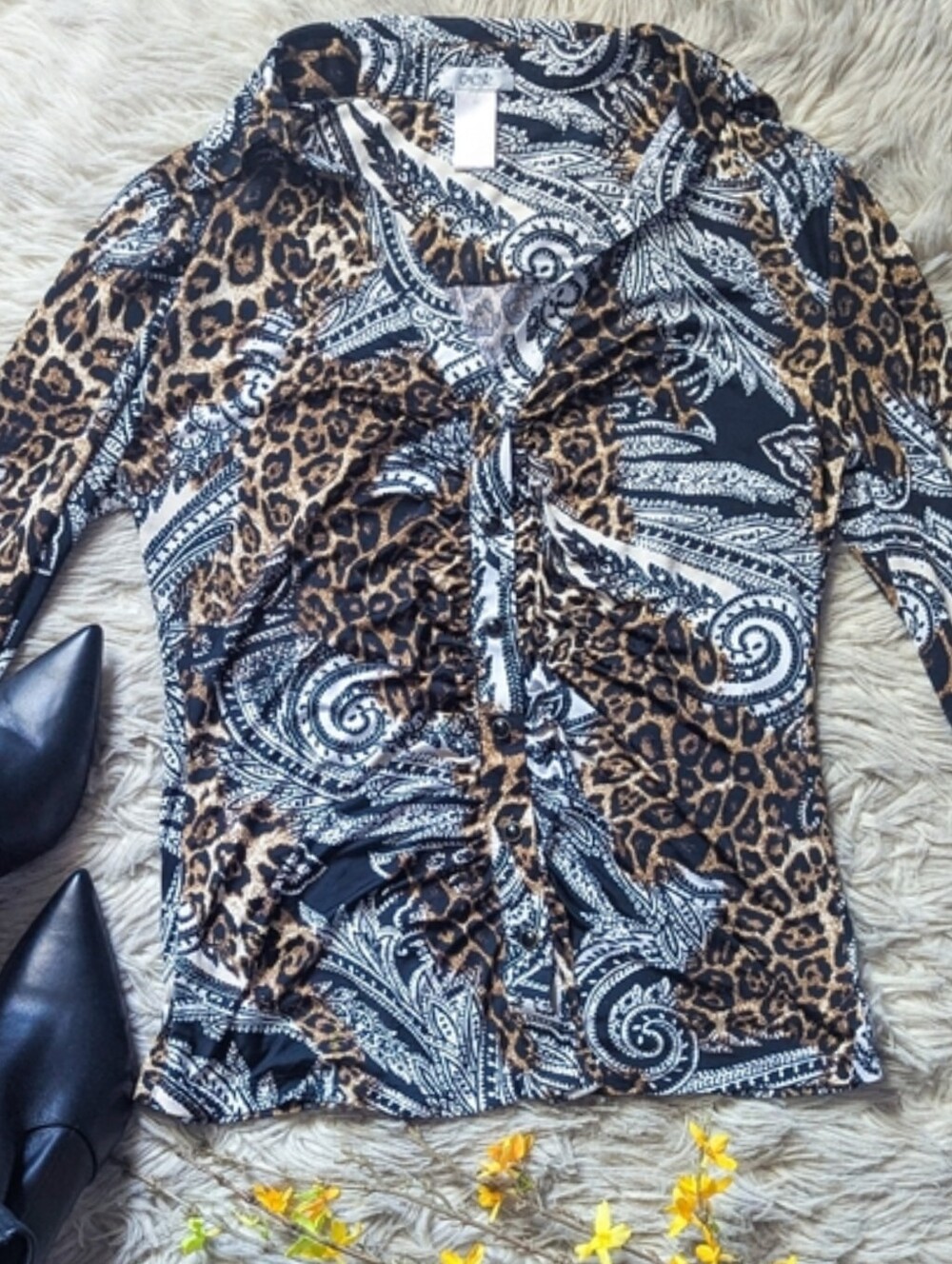 Vintage Cache Jersey Knit Button Down Leopard Scarf Print Blouse
